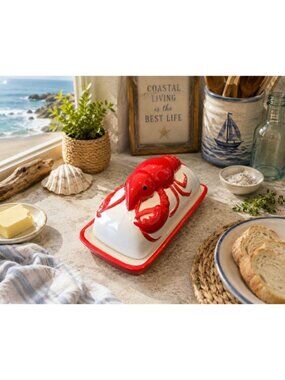 New Ceramic Red Lobster Seafood Coastal Nautical Beach Kitchen Butter Dish